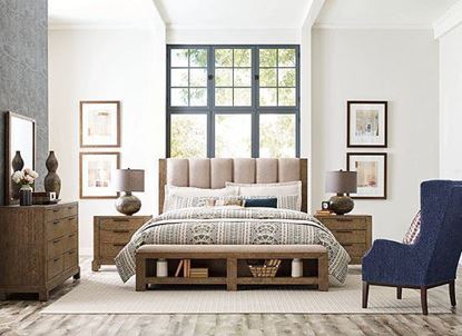 Skyline Bedroom with upholstered Meadowood bed Collection from American Drew
